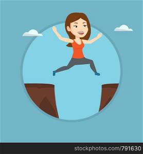 Sportswoman jumping across the gap from one rock to another. Sportswoman jumping over rocks with gap. Young sportswoman running. Vector flat design illustration in the circle isolated on background.. Sportswoman jumping over cliff vector illustration