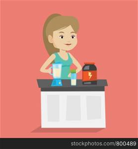 Sportswoman making protein shake using blender. Young woman preparing protein cocktail of bodybuilding food supplements. Woman cooking protein cocktail. Vector flat design illustration. Square layout.. Young woman making protein cocktail.