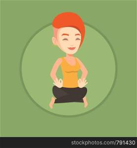 Sportswoman meditating in yoga lotus pose. Caucasian sportswoman relaxing in the yoga lotus position. Woman doing yoga on the mat. Vector flat design illustration in the circle isolated on background.. Woman meditating in yoga lotus pose.