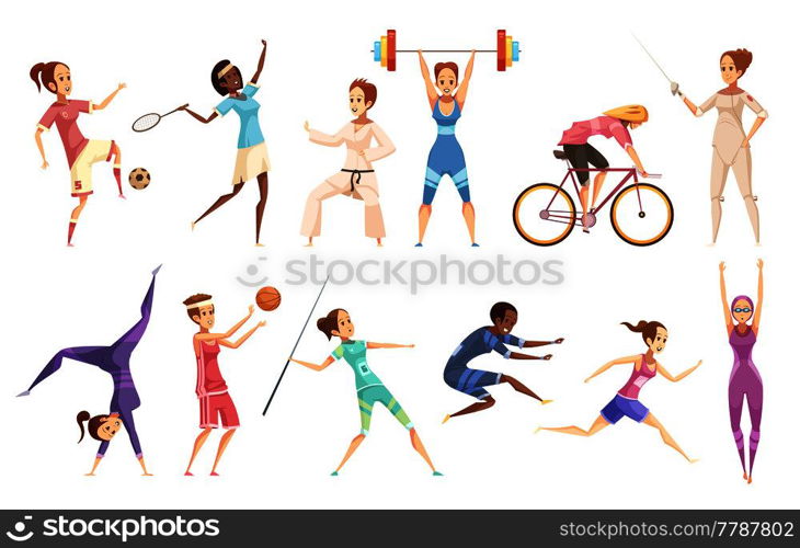 Sportswoman retro cartoon set of isolated female characters doing different kinds of sport on blank background vector illustration. Female Athletes Doodle Collection