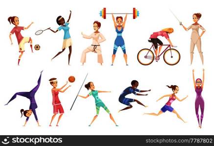 Sportswoman retro cartoon set of isolated female characters doing different kinds of sport on blank background vector illustration. Female Athletes Doodle Collection