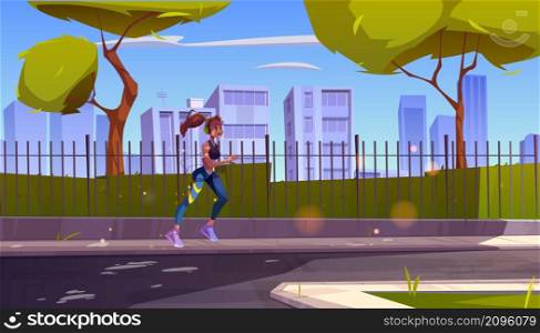 Sportswoman running in summer city park. Fit girl in headset gain sports jogging activity, outdoor exercising. Healthy lifestyle, training, workout athlete woman jog, Cartoon vector illustration. Sportswoman running in summer city park, sport