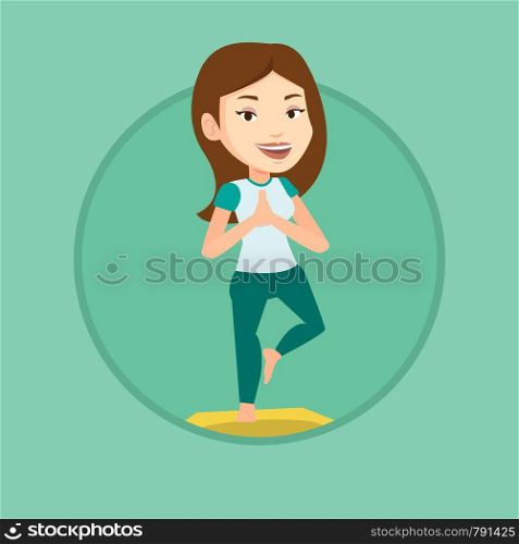 Sportswoman standing in yoga tree pose. Caucasian sportswoman meditating in yoga tree position. Sporty woman doing yoga on the mat. Vector flat design illustration in the circle isolated on background. Young woman practicing yoga tree pose.