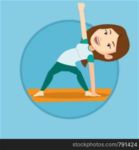 Sportswoman standing in yoga triangle pose. Caucasian sportswoman meditating in yoga triangle position. Woman doing yoga on mat. Vector flat design illustration in the circle isolated on background.. Woman practicing yoga triangle pose.