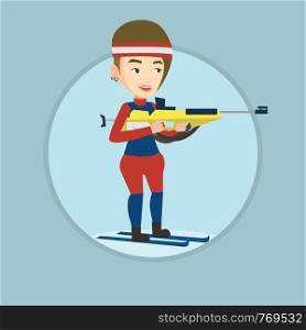 Sportswoman taking part in ski biathlon competition. Happy biathlon runner aiming at the target. Biathlon shooter with a weapon. Vector flat design illustration in the circle isolated on background.. Cheerful biathlon runner aiming at the target.