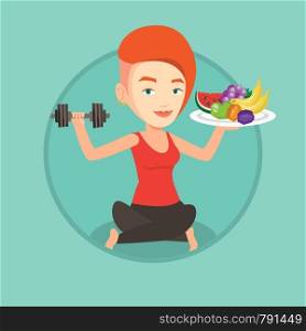 Sportswoman with fruits and dumbbell. Woman holding fruits and dumbbell. Woman choosing healthy lifestyle. Healthy lifestyle concept. Vector flat design illustration in circle isolated on background.. Healthy woman with fruits and dumbbell.