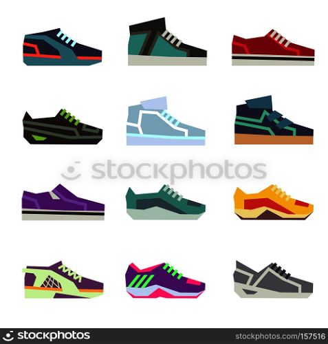 Sportwear shoes, different footwear sport shoes flat vector set. Colored running shoes illustration. Sportwear shoes, different footwear sport flat vector set