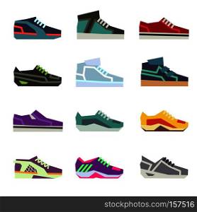 Sportwear shoes, different footwear sport shoes flat vector set. Colored running shoes illustration. Sportwear shoes, different footwear sport flat vector set