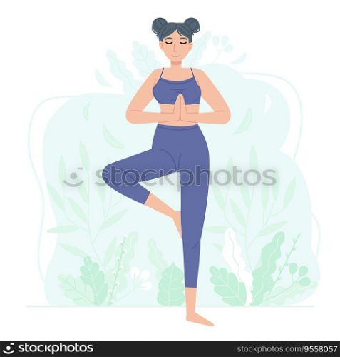 Sporty girl character practice sport such as fitness, yoga or pilates. Womab standing tree pose vrikshasana on abstract background with flowers. Stock vector illustration isolated on white background in flat cartoon style. Sporty girl character practice sport such as fitness, yoga or pilates. Womab standing tree pose vrikshasana on abstract background with flowers. Stock vector illustration isolated on white background in flat cartoon style.