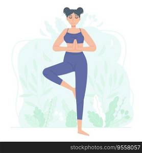 Sporty girl character practice sport such as fitness, yoga or pilates. Womab standing tree pose vrikshasana on abstract background with flowers. Stock vector illustration isolated on white background in flat cartoon style. Sporty girl character practice sport such as fitness, yoga or pilates. Womab standing tree pose vrikshasana on abstract background with flowers. Stock vector illustration isolated on white background in flat cartoon style.