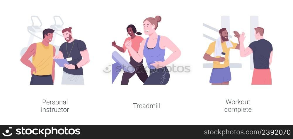 Sporty goal isolated cartoon vector illustrations set. Personal instructor, cardio training on treadmill, workout complete, fitness achievement, healthy lifestyle, sport addiction vector cartoon.. Sporty goal isolated cartoon vector illustrations set.