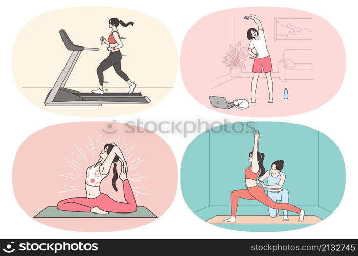 Sporty lifestyle of modern woman concept. Set of young women making exercises stretching jogging and practicing yoga workouts in office at home and in gym vector illustration. Sporty lifestyle of modern woman concept