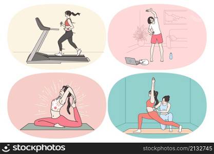 Sporty lifestyle of modern woman concept. Set of young women making exercises stretching jogging and practicing yoga workouts in office at home and in gym vector illustration. Sporty lifestyle of modern woman concept