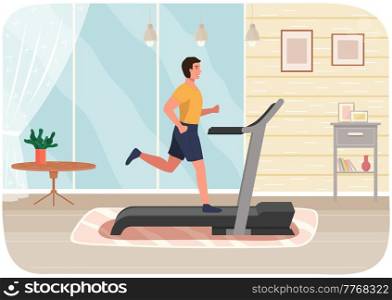 Sporty man is engaged in hall on treadmill. Running, playing sports at home. Cardio workout. Exercising in gym in morning. Running and cardio indoors. Healthy lifestyle concept. Gymnastics practice. Sporty man is engaged in hall on treadmill. Running, playing sports at home. Cardio workout