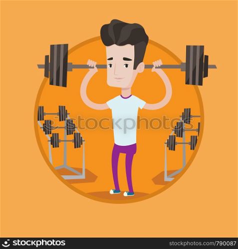 Sporty man lifting a heavy weight barbell. Strong sportsman doing exercise with barbell. Male weightlifter holding a barbell. Vector flat design illustration in the circle isolated on background.. Man lifting barbell vector illustration.