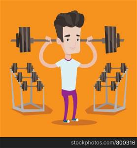 Sporty man lifting a heavy weight barbell. Strong sportsman doing exercise with barbell. Male weightlifter holding a barbell in the gym. Vector flat design illustration. Square layout.. Man lifting barbell vector illustration.