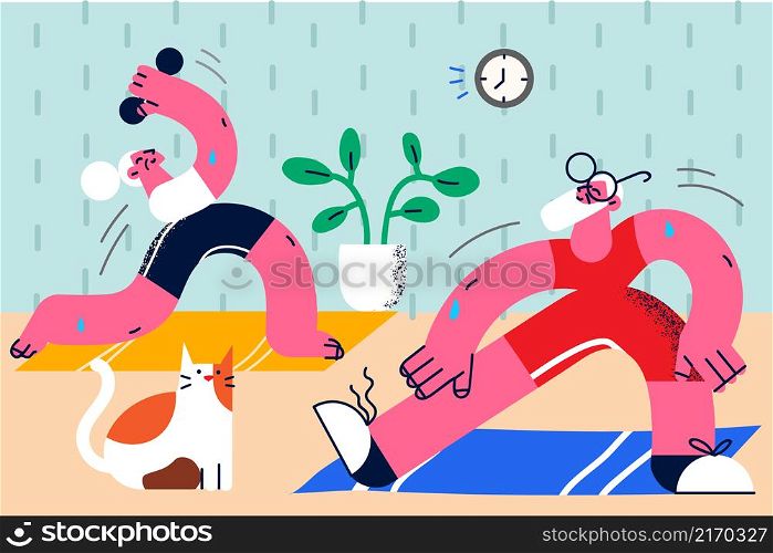 Sporty old couple feel energetic do morning gymnastics train exercise at home. Active mature man and woman do sports follow healthy lifestyle for good maturity. Flat vector illustration. . Active mature couple do sports at home