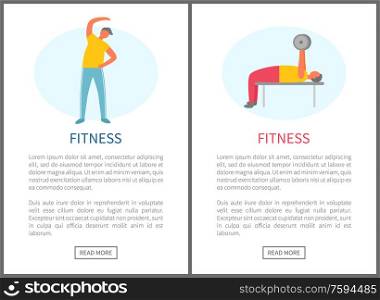Sporty people pumping muscles and stretching. Fitness webpage decorated by men working with dumbbell and doing exercise, portrait view of human vector. Fitness Web, Stretching and Pumping Men Vector