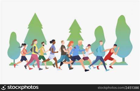 Sporty people running marathon in park vector illustration. Jogging, competition, race. Sport concept. Design for website templates, posters, banners