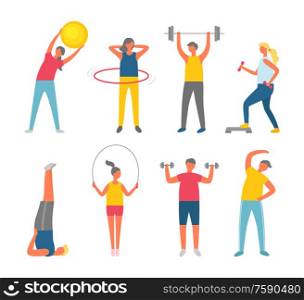 Sporty people set isolated on white, man and woman in sportwear exercising. Ball and dumbbell, hula hoop, skipping rope, stretching or yoga vector. People Pumping Muscles, Sport or Fitness Vector