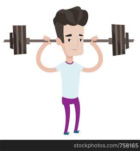 Sporty weightlifter lifting a heavy weight barbell. Caucasian weightlifter doing exercise with barbell. Male weightlifter holding barbell. Vector flat design illustration isolated on white background.. Weightlifter lifting barbell vector illustration.