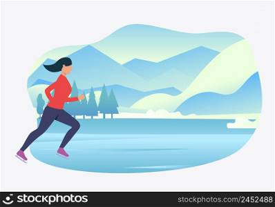 Sporty woman ice skating with snowy landscape in background. Lifestyle, activity, nature, ice concept. Vector illustration can be used for topics like winter, holiday, sport. Sporty woman ice skating with snowy landscape in background
