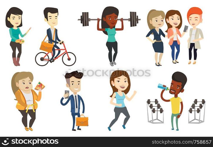 Sporty woman lifting a heavy weight barbell. Strong sportswoman doing exercise with barbell. Female weightlifter holding a barbell. Set of vector flat design illustrations isolated on white background. Vector set of sport characters.