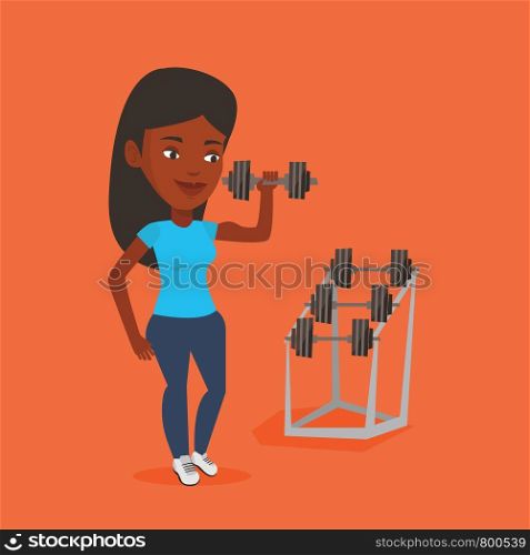 Sporty woman lifting a heavy weight dumbbell. African-american strong sportswoman doing exercise with dumbbell. Weightlifter holding dumbbell in the gym. Vector flat design illustration. Square layout. Woman lifting dumbbell vector illustration.