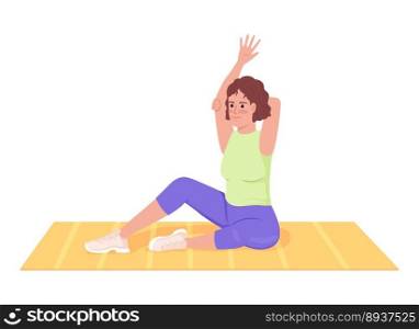 Sporty woman releasing tight shoulders on mat semi flat color vector character. Editable figure. Full body person on white. Simple cartoon style illustration for web graphic design and animation. Sporty woman releasing tight shoulders on mat semi flat color vector character
