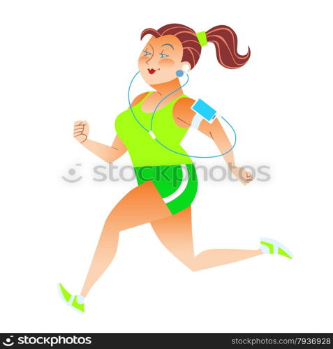 Sporty woman running herding weight kilocalories listens to music player health fitness. Sporty woman running herding weight kilocalories listens to musi