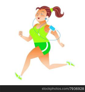 Sporty woman running herding weight kilocalories listens to music player health fitness. Sporty woman running herding weight kilocalories listens to musi