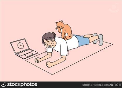 Sporty woman stand in plank, lazy cat sitting on back. Toned active girl follow healthy lifestyle do sports with online training lesson or class on computer at home on lockdown. Vector illustration. . Sporty woman stand in plank with cat on back
