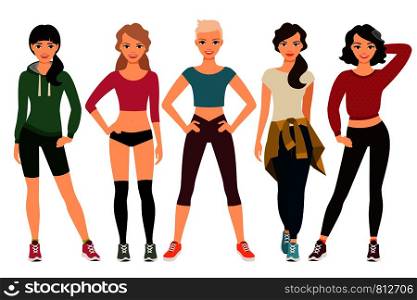 Sporty womans outfit isolated on white background. Young women in sport clothes vector illustration. Women in sporty outfits