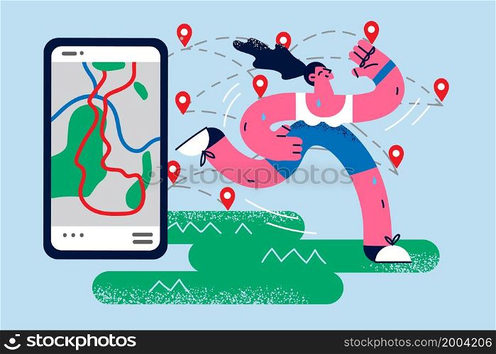 Sporty young woman in sportswear run use modern application tracking program on smartphone. Toned millennial girl do sports exercise with app on cellphone. Healthy life. Flat vector illustration. . Toned woman run using application on mobile phone