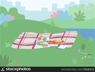 Spot for picnic flat color vector illustration. Blanket with food on plated to have dinner outside. Place for leisure on grass hill. Park 2D cartoon landscape with cityscape and bushes on background