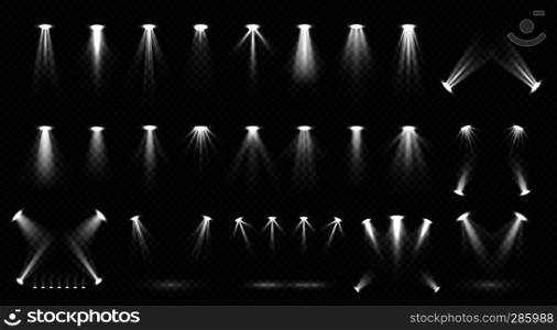 Spot lighting isolated on transparent background vector collection. Bright scene illumination. Spotlight bright for scene party, shine and glow beam illustration. Spot lighting isolated on transparent background vector collection. Bright scene illumination