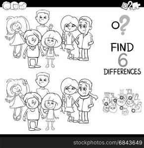 spot the difference coloring page. Black and White Cartoon Illustration of Spot the Differences Educational Game for Children with Elementary Age Kid Characters Group Coloring Page