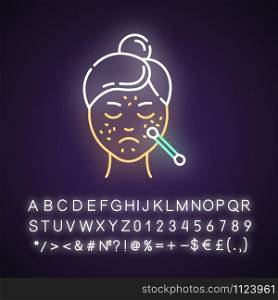 Spot treatmeant neon light icon. Skin care procedure. Cleansing for problematic skin. Dermatology, cosmetics, makeup. Glowing sign with alphabet, numbers and symbols. Vector isolated illustration