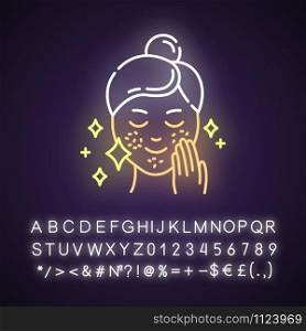 Spot treatmeant neon light icon. Skin care procedure. Cleansing, healing for problematic skin. Dermatology, cosmetics. Glowing sign with alphabet, numbers and symbols. Vector isolated illustration