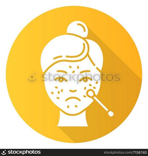 Spot treatmeant yellow flat design long shadow glyph icon. Skin care procedure. Facial beauty. Cleansing and healing effect for problematic skin. Medical product. Vector silhouette illustration