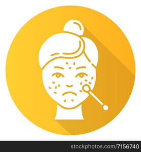 Spot treatmeant yellow flat design long shadow glyph icon. Skin care procedure. Facial beauty. Cleansing and healing effect for problematic skin. Medical product. Vector silhouette illustration