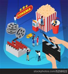 Spotlight Cinema Isometric Concept. Cinema 3d isometric composition with human figures shooting movie sitting on beverage cup and hanging sign vector illustration