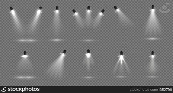 Spotlight for stage. Realistic floodlight set. Illuminated studio spotlights for stage. Vector illustration stage lighting effect for theater or concert backdrop. Spotlight for stage. Realistic floodlight set. Illuminated studio spotlights. Vector stage lighting effect