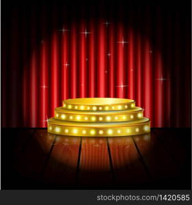 Spotlight golden of empty stage with red curtain background