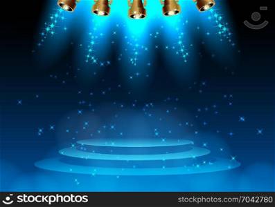 Spotlight illuminates scene inside theatre or disco spot lights shining magic background. Vector illustration.