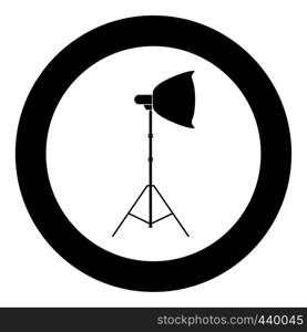 Spotlight on tripod Light projector Softbox on tripod Tripod light Equipment for professional photography Theater light icon in circle round black color vector illustration flat style simple image. Spotlight on tripod Light projector Softbox on tripod Tripod light Equipment for professional photography Theater light icon in circle round black color vector illustration flat style image