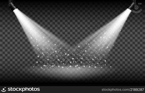 Spotlight with bright white light shining stage on transparent background. vector illustration