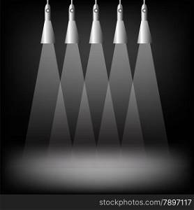 Spotlights on dark background. Place for exhibit. Abstract image of concert lighting. Graphic Design Useful For Your Design.Spotlight background with lamps.