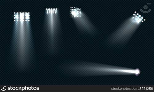 Spotlights, stage light white beams, glowing design elements for studio, stadium or theater scene. Lamps rays for concert, show presentation isolated on transparent background, Realistic 3d vector set. Spotlights, stage light white beams glowing set