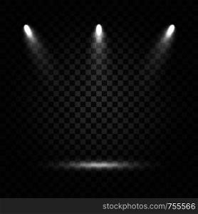 Spotlights with light beams on transparent background. Realistic spotlights for theater, photo studio, concerts. Vector stock illustration.
